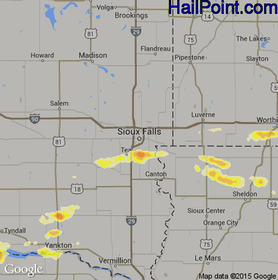 Hail Map for Sioux Falls, SD Region on September 9, 2015
