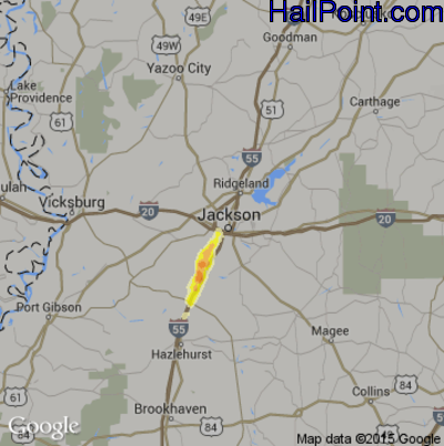 Hail Map for Jackson, MS Region on December 24, 2015