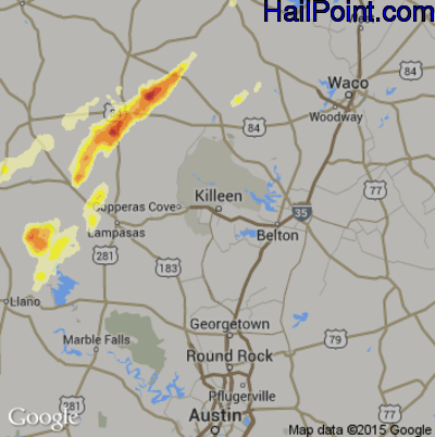 Hail Map for Killeen, TX Region on March 8, 2016