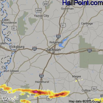 Hail Map for Jackson, MS Region on March 17, 2016