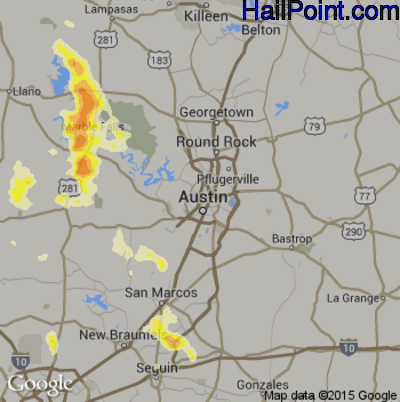 Hail Map for Austin, TX Region on March 18, 2016