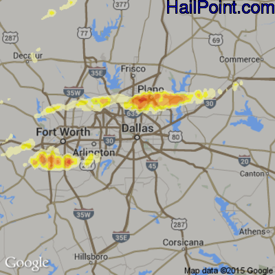 Hail Map for Dallas, TX Region on March 24, 2016