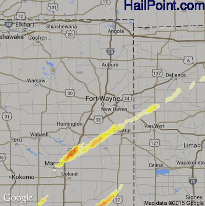 Hail Map for Fort Wayne, IN Region on March 27, 2016