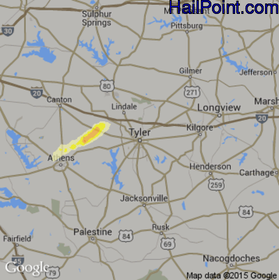 Hail Map for Tyler, TX Region on March 30, 2016