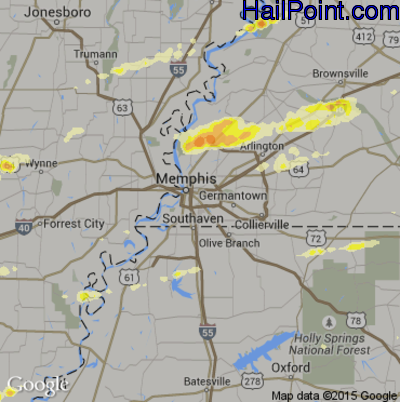 Hail Map for Memphis, TN Region on March 31, 2016