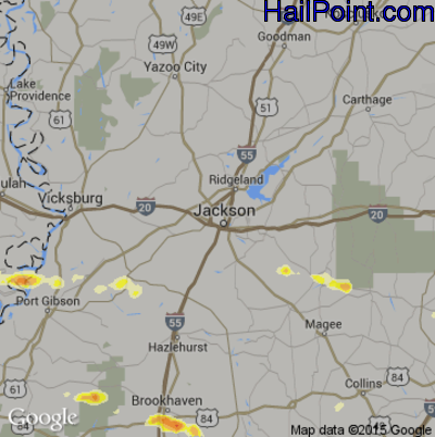 Hail Map for Jackson, MS Region on April 14, 2016 