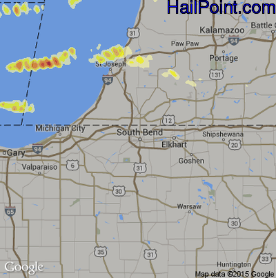 Hail Map for South Bend, IN Region on April 25, 2016 