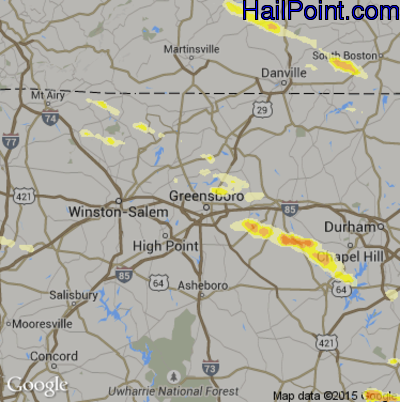 Hail Map for Greensboro, NC Region on April 28, 2016 