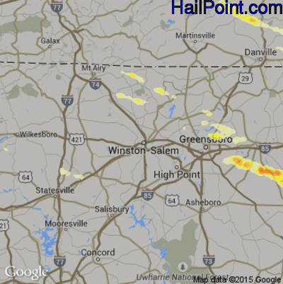 Hail Map for Winston-Salem, NC Region on April 28, 2016