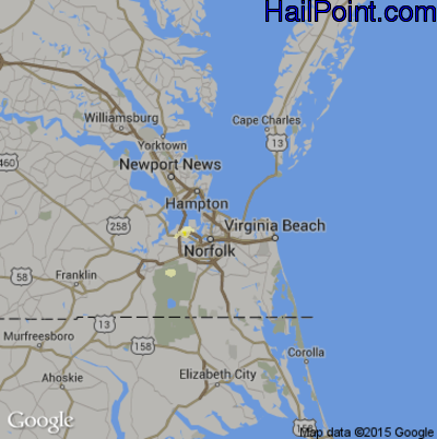 Hail Map for Norfolk, VA Region on April 29, 2016