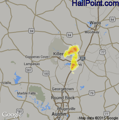 Hail Map for Killeen, TX Region on April 29, 2016