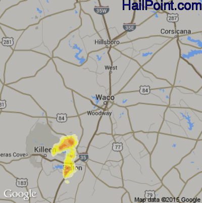 Hail Map for Waco, TX Region on April 29, 2016