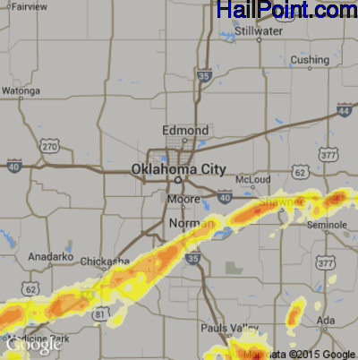 Hail Map for Oklahoma City, OK Region on April 29, 2016