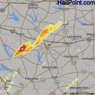 Hail Map for Tyler, TX Region on April 29, 2016