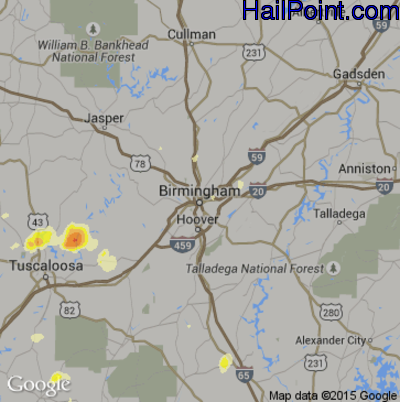Hail Map for Birmingham, AL Region on April 29, 2016