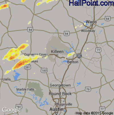 Hail Map for Killeen, TX Region on April 29, 2016 