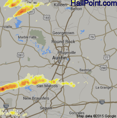 Hail Map for Austin, TX Region on April 29, 2016