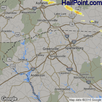 Hail Map for Greenville, SC Region on May 1, 2016