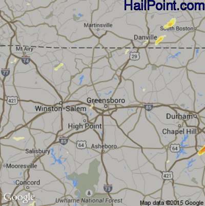 Hail Map for Greensboro, NC Region on May 2, 2016