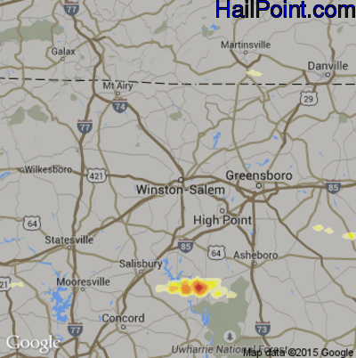 Hail Map for Winston-Salem, NC Region on May 3, 2016 