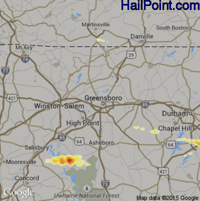Hail Map for Greensboro, NC Region on May 3, 2016