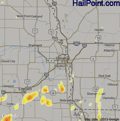 Hail Map for Omaha, NE Region on May 9, 2016