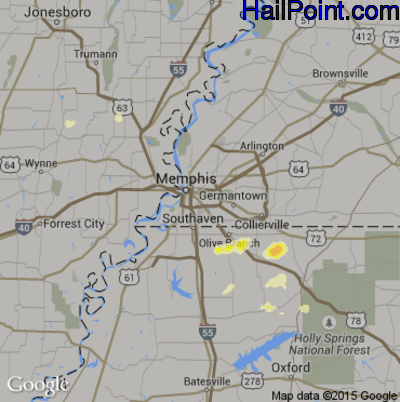 Hail Map for Memphis, TN Region on May 25, 2016