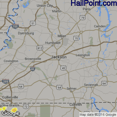 Hail Map for Jackson, TN Region on May 25, 2016