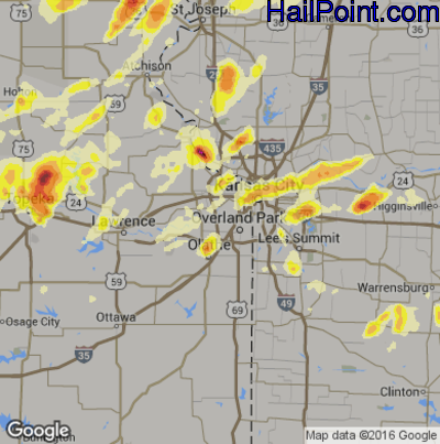 Hail Map for Shawnee, KS Region on May 26, 2016 