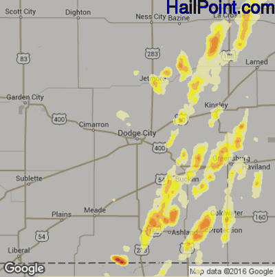 Hail Map for Dodge City, KS Region on May 26, 2016