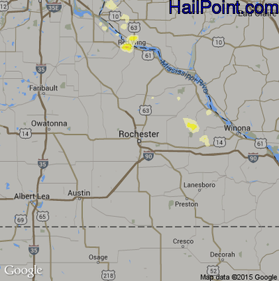 Hail Map for Rochester, MN Region on June 12, 2016