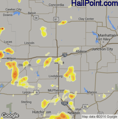 Hail Map for Salina, KS Region on June 15, 2016