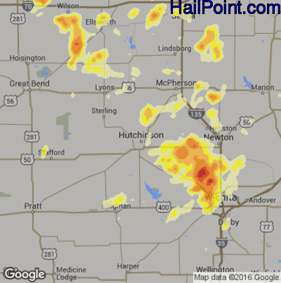 Hail Map for Hutchinson, KS Region on June 15, 2016