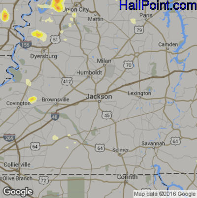 Hail Map for Jackson, TN Region on June 15, 2016