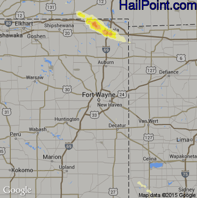 Hail Map for Fort Wayne, IN Region on June 15, 2016