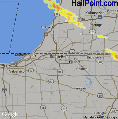 Hail Map for South Bend, IN Region on June 15, 2016