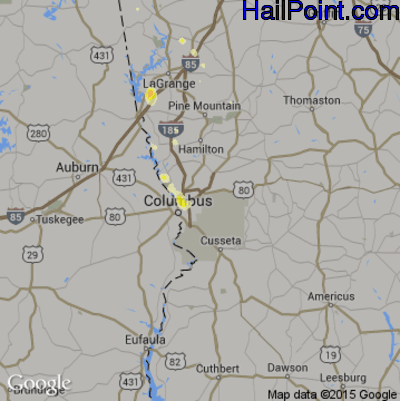 Hail Map for Columbus, GA Region on June 16, 2016