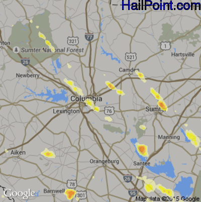 Hail Map for Columbia, SC Region on June 17, 2016