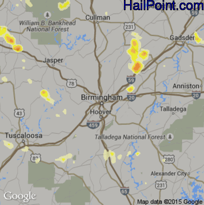 Hail Map for Birmingham, AL Region on June 17, 2016 