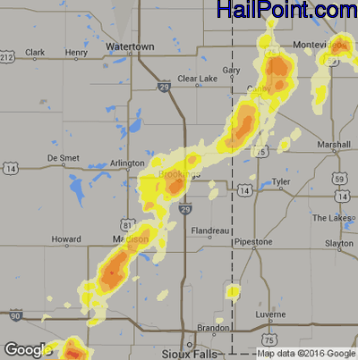 Hail Map for Brookings, SD Region on June 17, 2016