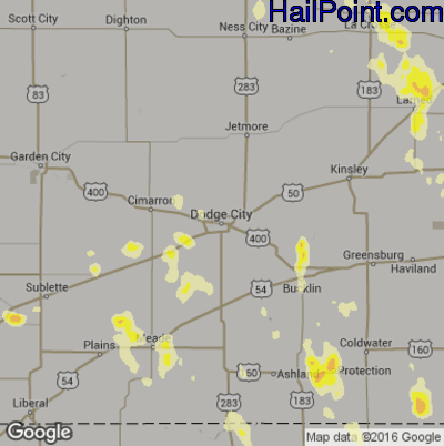 Hail Map for Dodge City, KS Region on June 18, 2016 