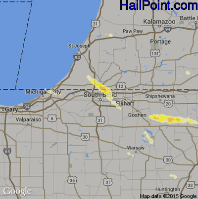 Hail Map for South Bend, IN Region on June 20, 2016