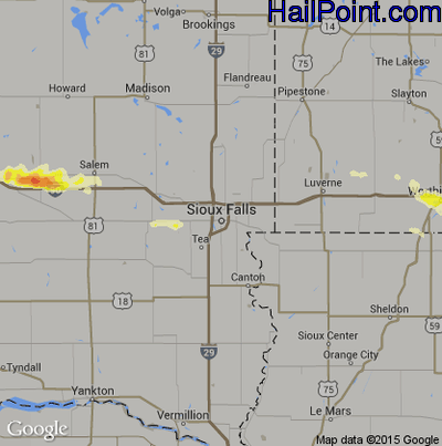 Hail Map for Sioux Falls, SD Region on June 22, 2016 