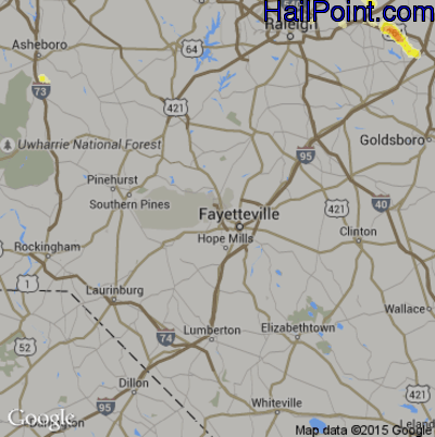 Hail Map for Fayetteville, NC Region on June 22, 2016