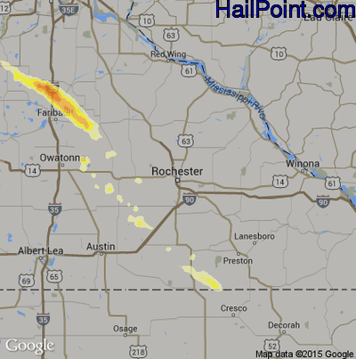Hail Map for Rochester, MN Region on June 23, 2016 