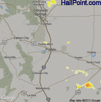 Hail Map for Pueblo, CO Region on June 23, 2016