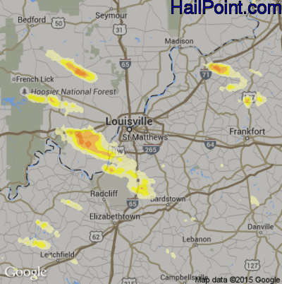 Hail Map for Louisville, KY Region on June 23, 2016