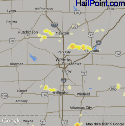 Hail Map for Wichita, KS Region on June 23, 2016