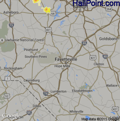 Hail Map for Fayetteville, NC Region on June 23, 2016