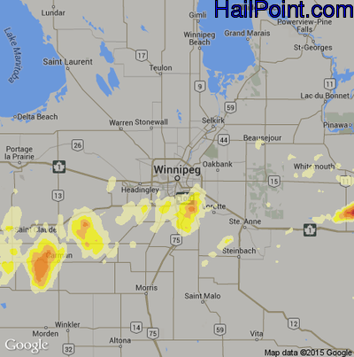 Hail Map for Winnapeg, Can Region on June 25, 2016